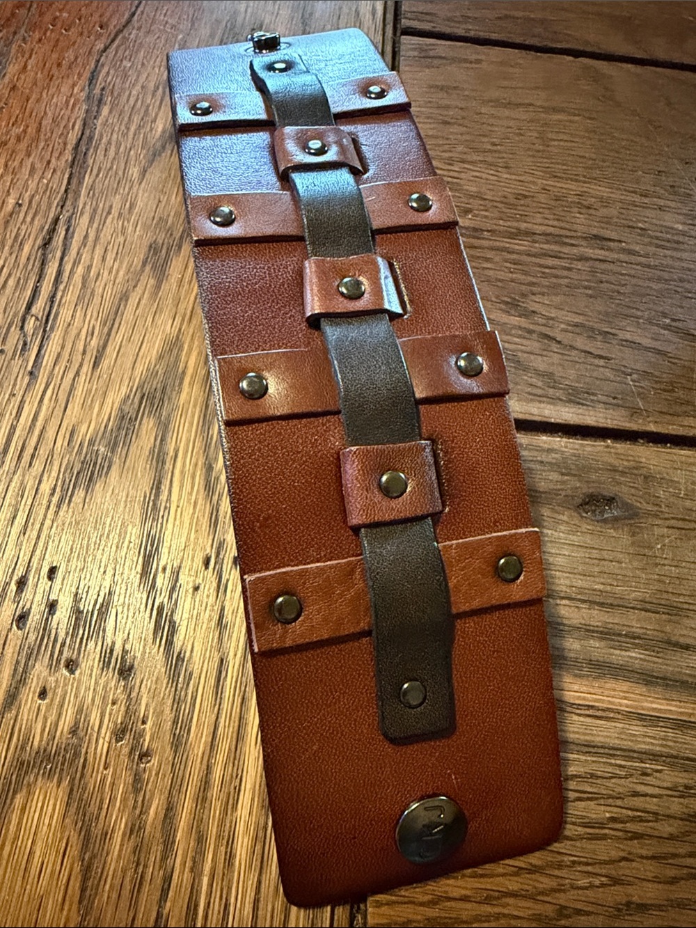 CKJ Brown Leather WIDE Wristband - Unisex - 9” x 2” - 2 snaps